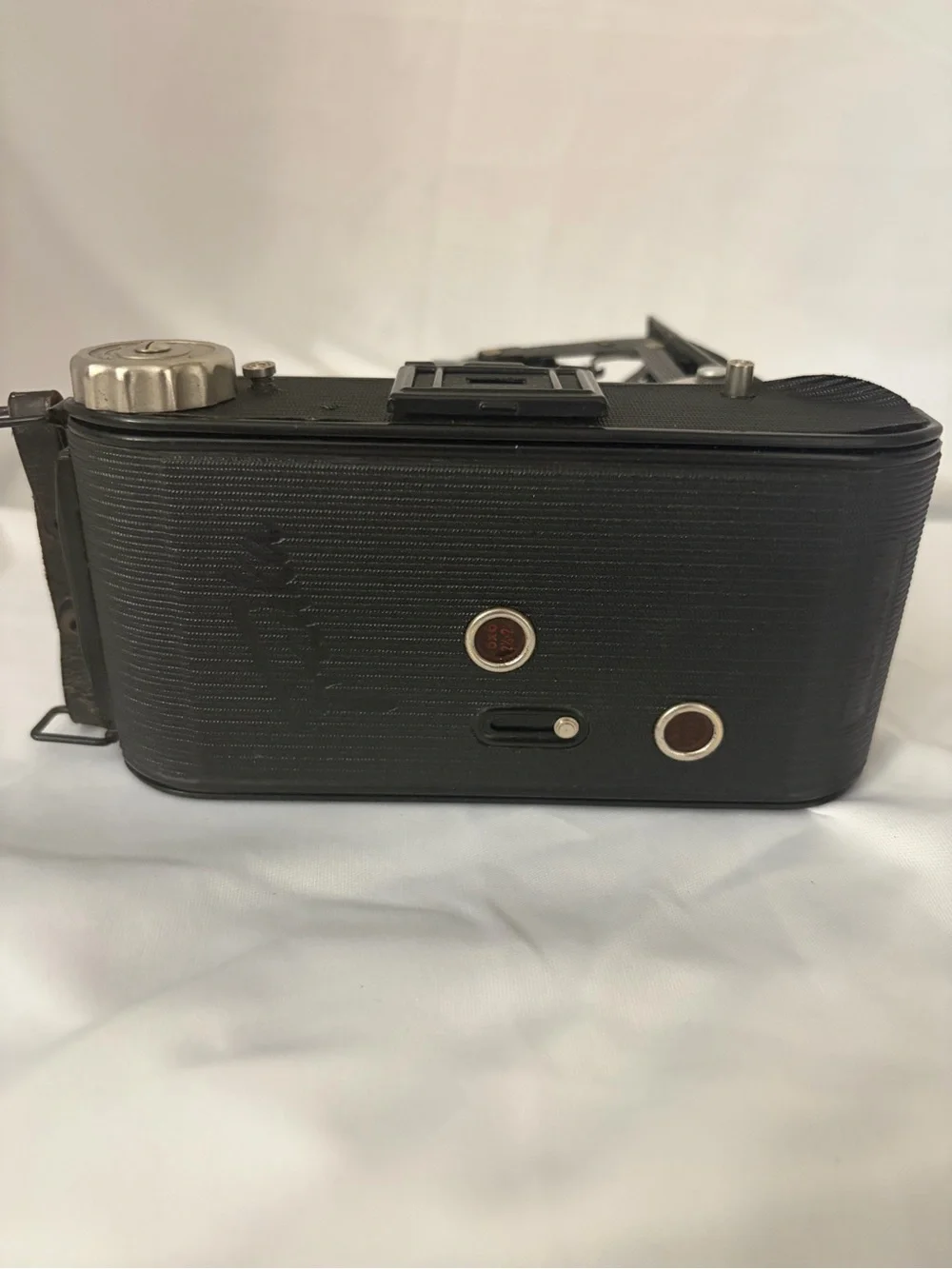 Black Folding Bellows Film Camera with Silver Lens Assembly